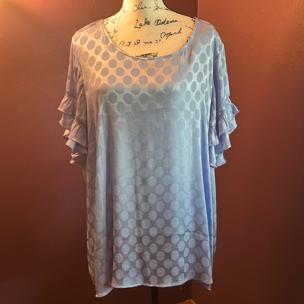 Pretty light blue tone on tone polka dot blouse.